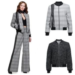 Alice + Olivia Lonnie Reversible Plaid and Tweed Bomber Jacket